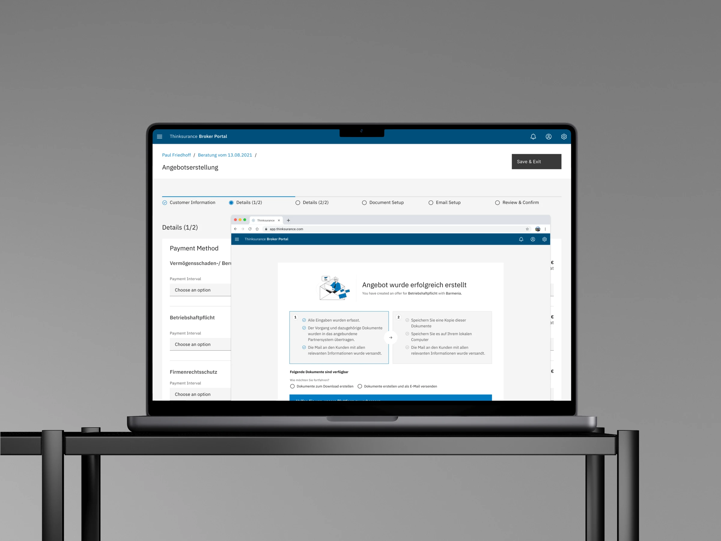 Thinksurance booking interface on a laptop
