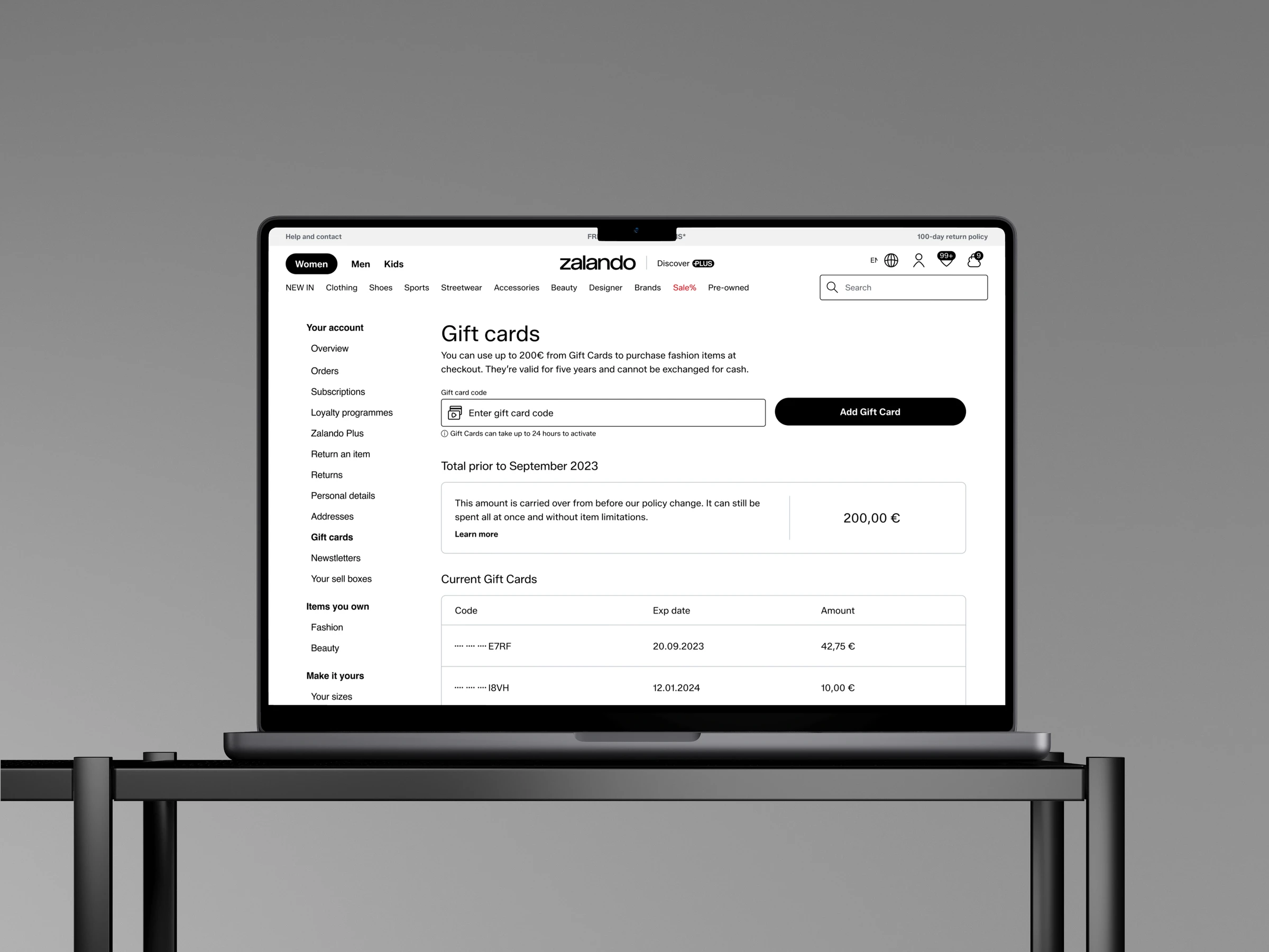 Zalando gift cards interface on a laptop